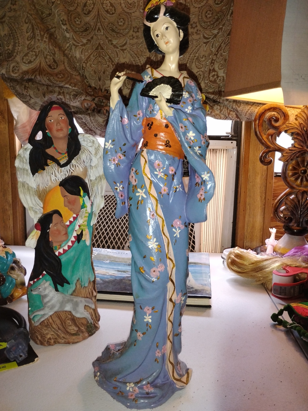 Vintage Hand-Painted Resin Geisha Figurine in Light Blue and Orange 21 Inches